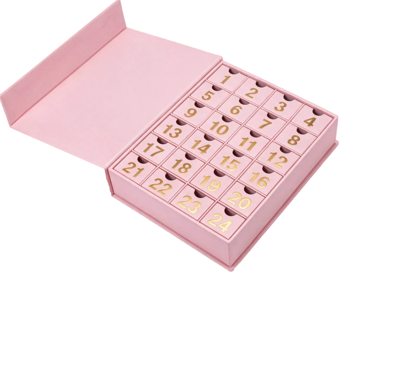 Calendrier de l’Avent 24 cases, boîte rose ouverte, tiroirs numérotés en doré