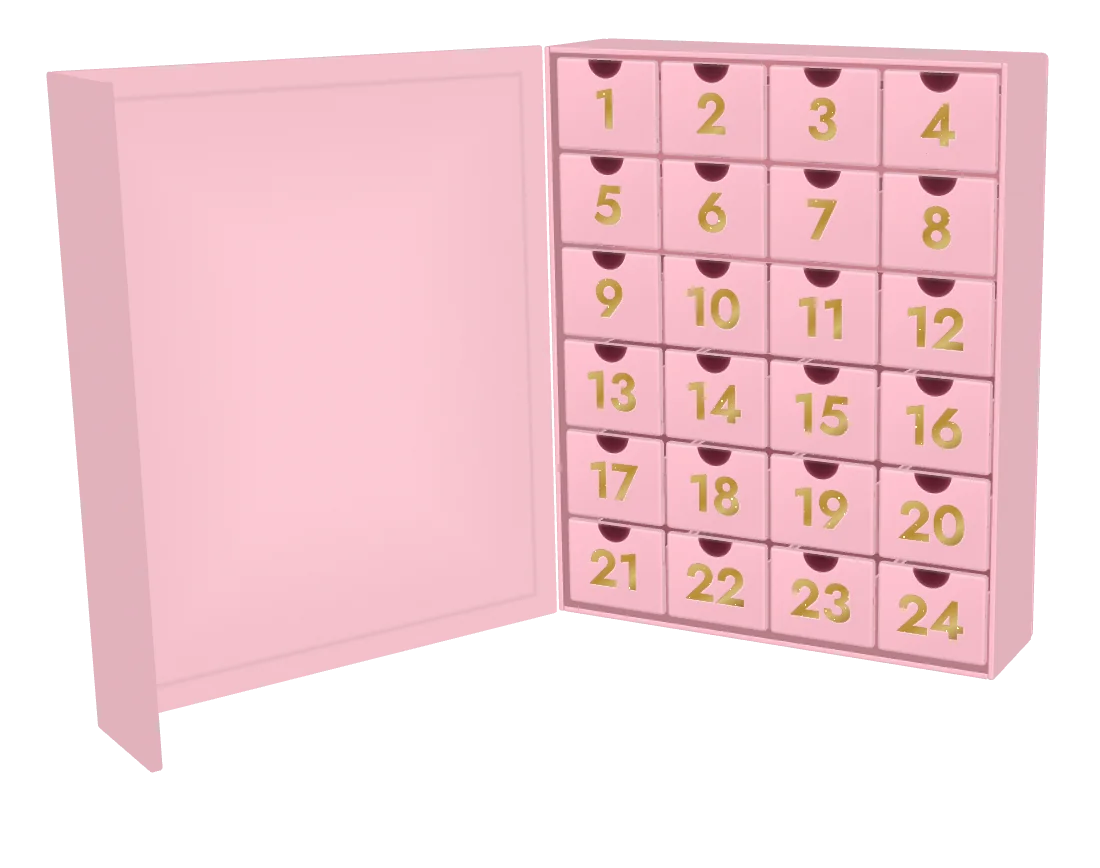 Calendrier de l’Avent 24 cases, boîte rose ouverte, 24 tiroirs rangés numérotés en doré