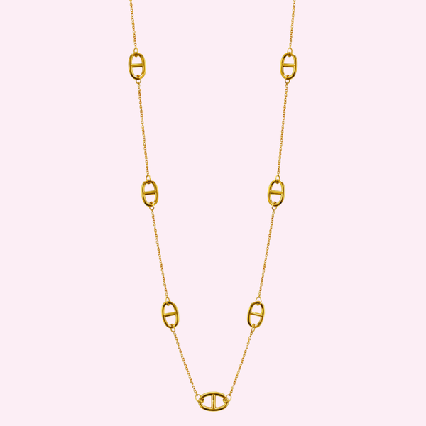 Collier long Ayesha doré de 90 cm à maille marine, fond rose pâle