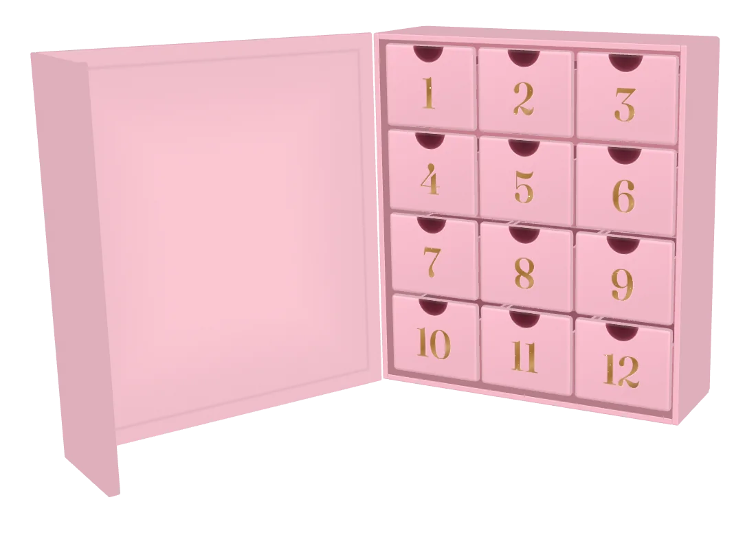Calendrier de l’Avent 12 cases, boîte rose ouverte, 12 tiroirs rangés numérotés en doré